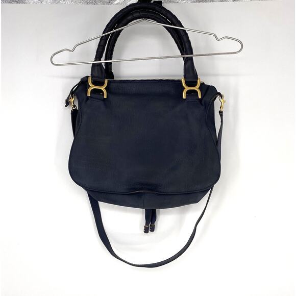 Chloe Marcie Graphite Suede Calfskin Satchel Medium Navy Blue Double Carry Bag - Picture 3 of 16